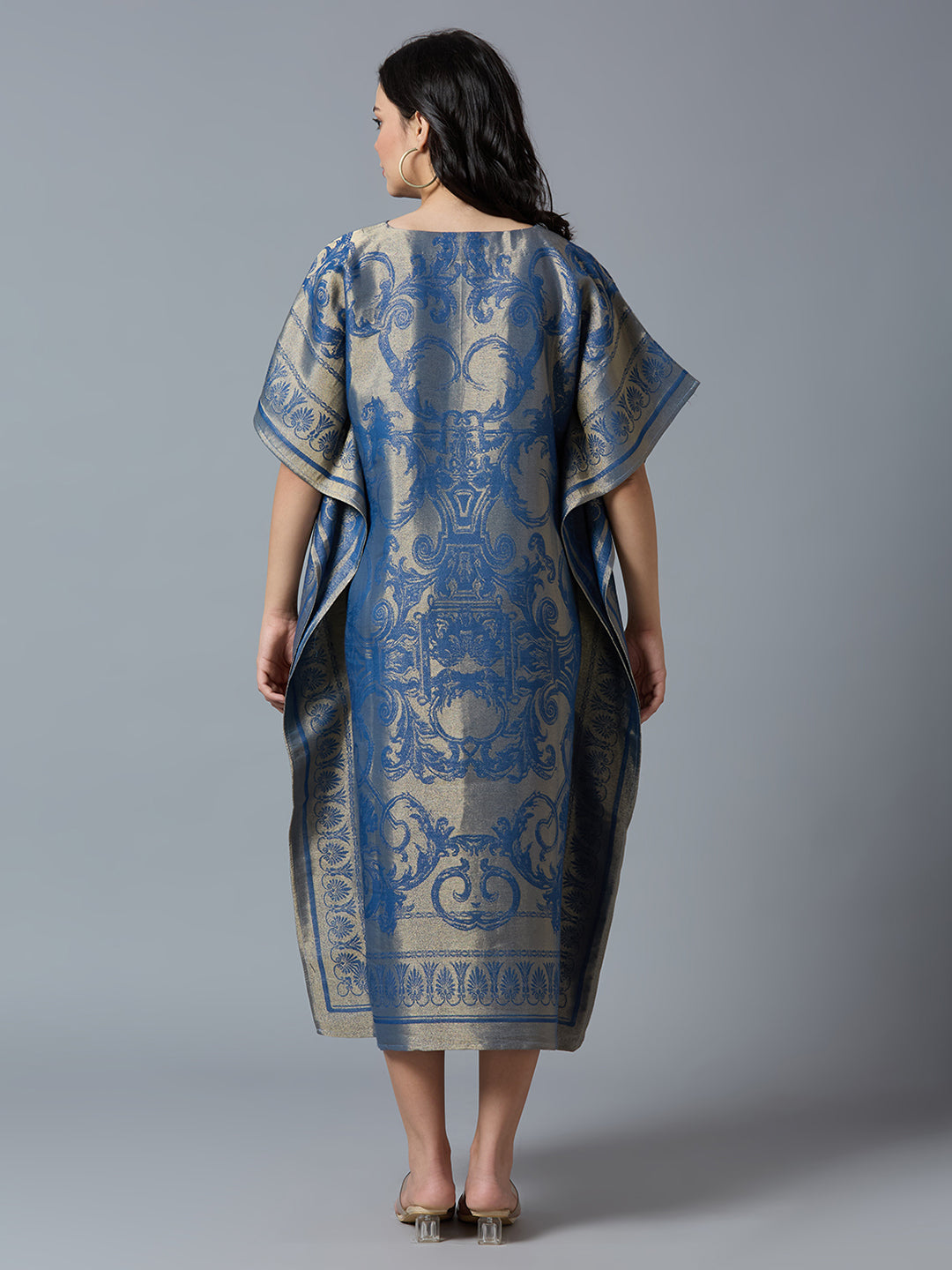 Denim Blue & Gold Motif Designed Long Brocade Kaftan