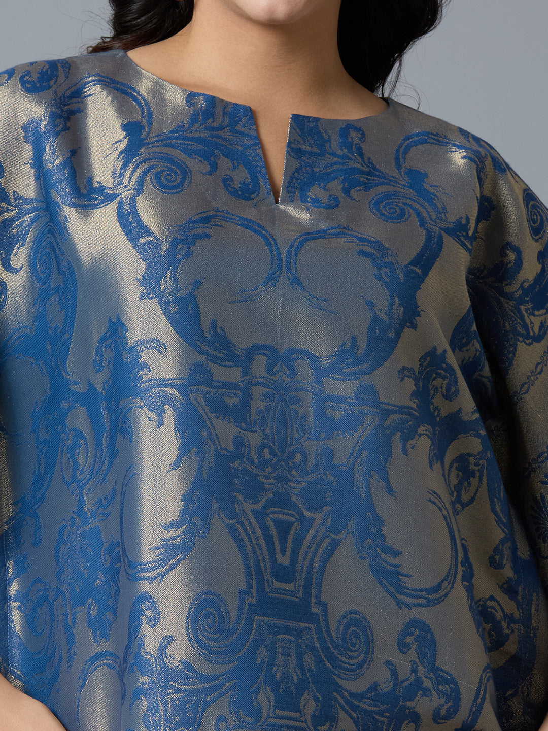 Denim Blue & Gold Motif Designed Long Brocade Kaftan