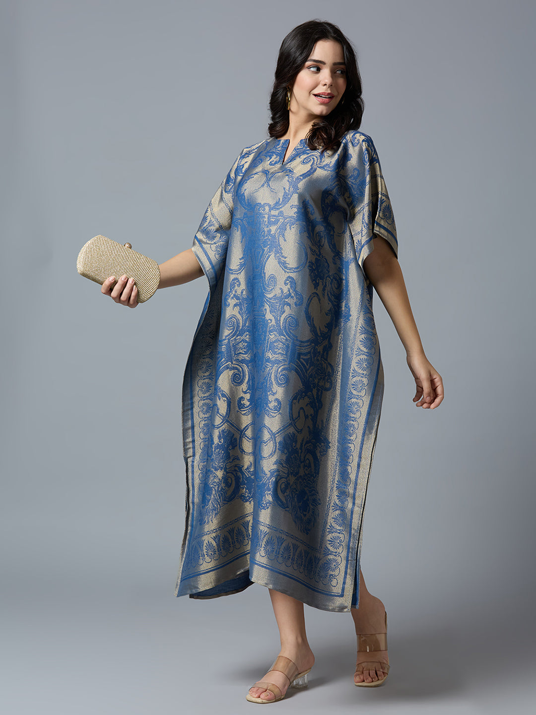 Denim Blue & Gold Motif Designed Long Brocade Kaftan