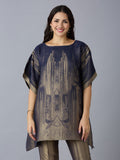 Brocade Scenery Patterned Designed Navy Poncho