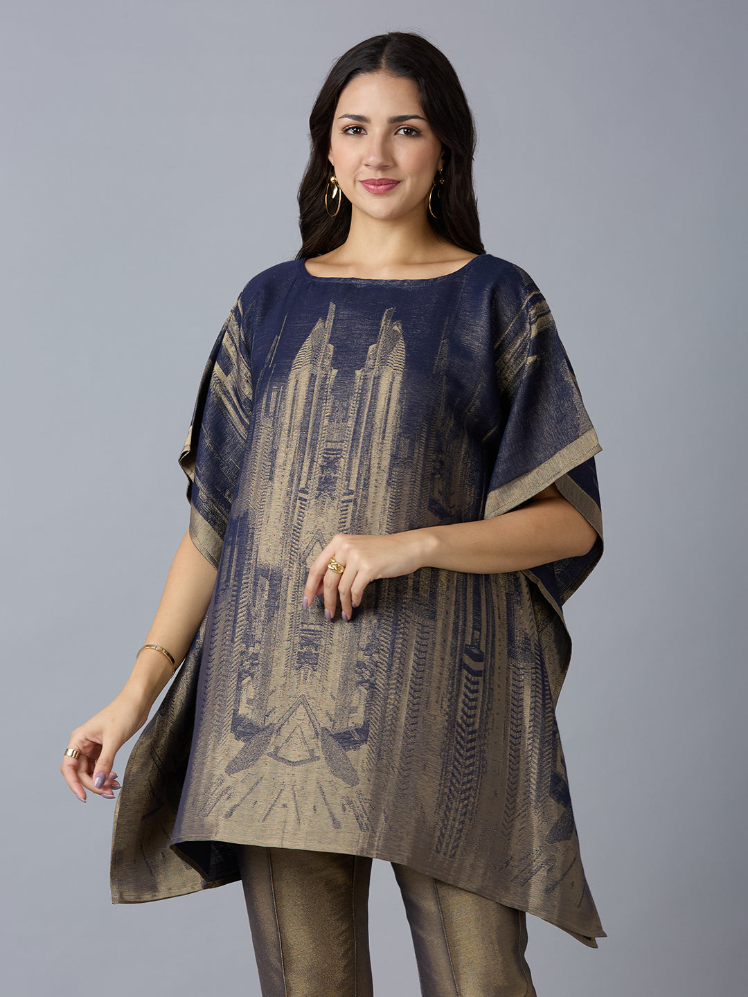 Brocade Scenery Patterned Designed Navy Poncho with Brocade Pant