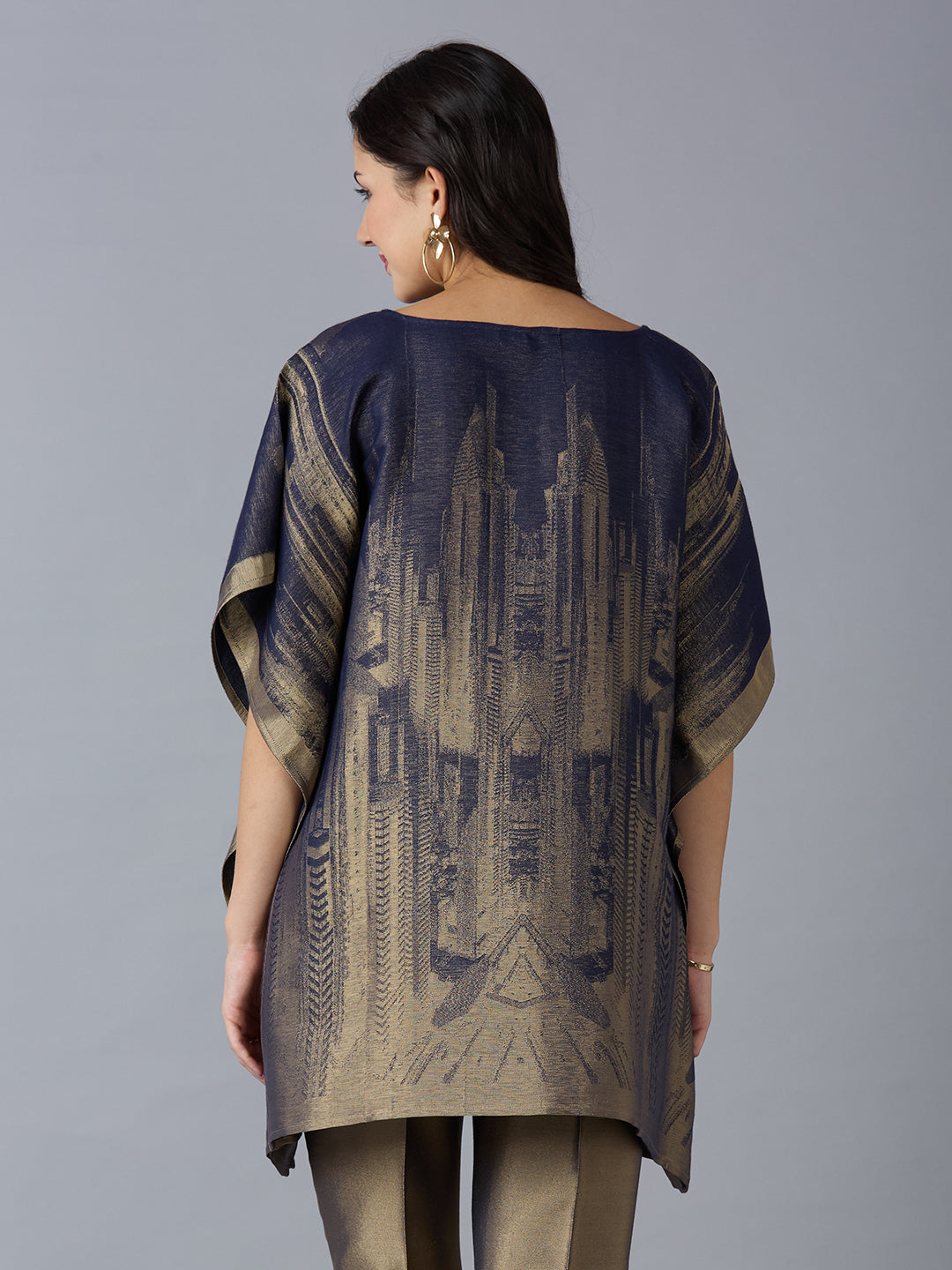 Brocade Scenery Patterned Designed Navy Poncho with Brocade Pant