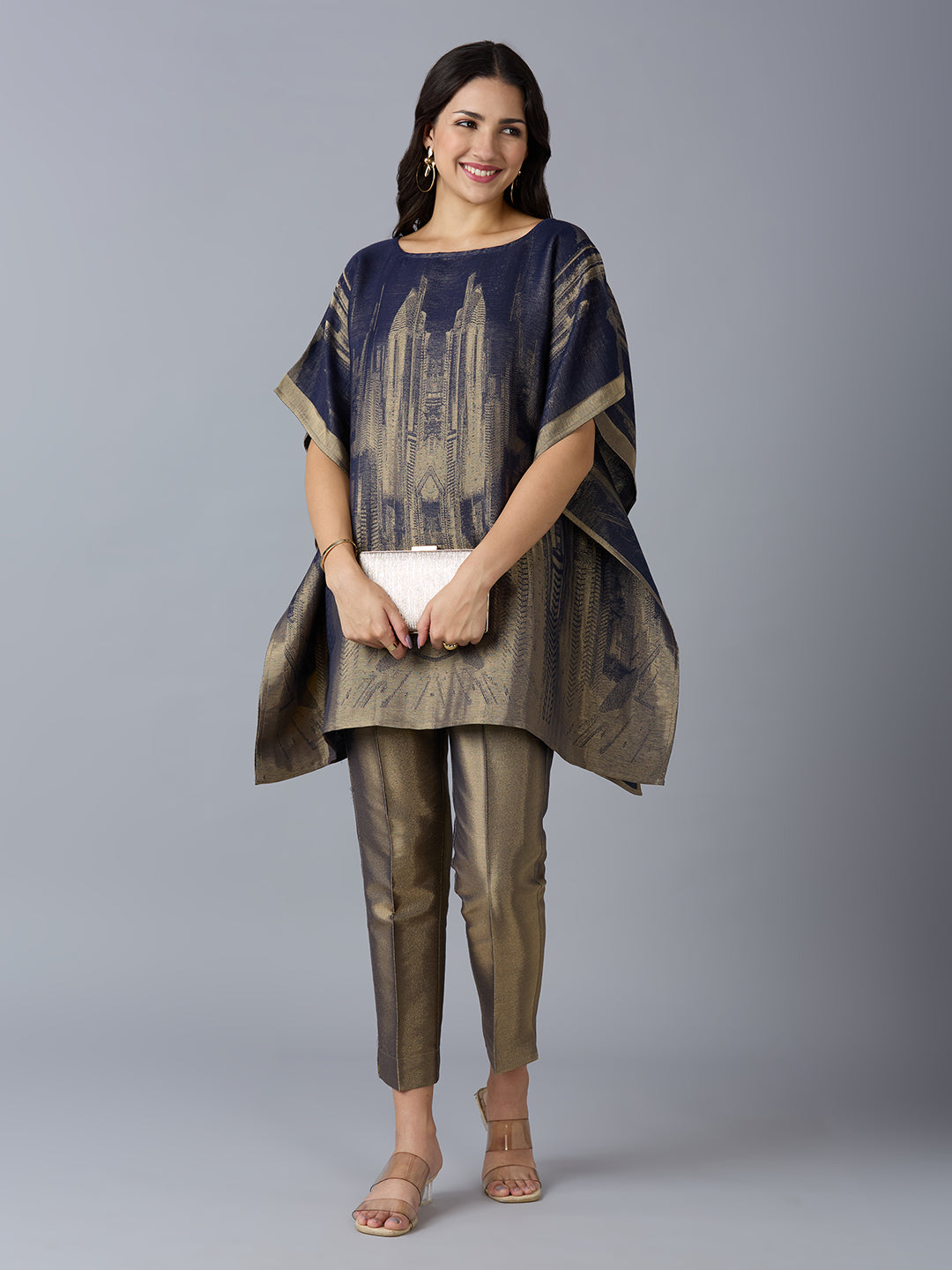 Brocade Scenery Design Navy Poncho Set