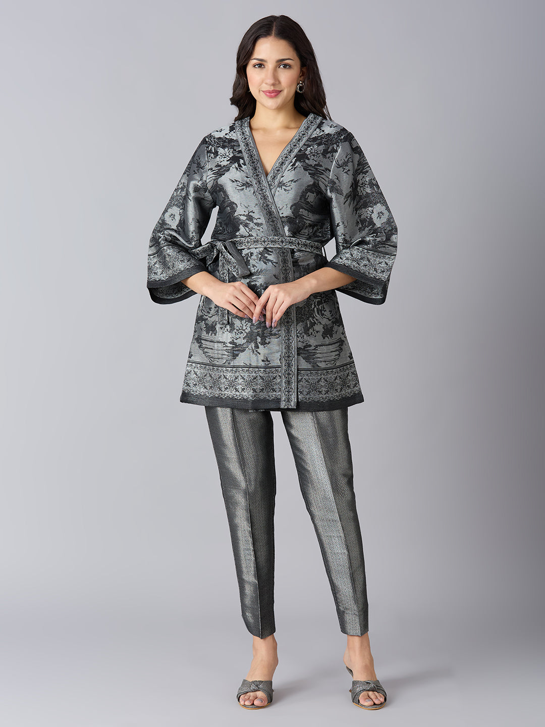 Brocade Floral Design Black Kimono Set