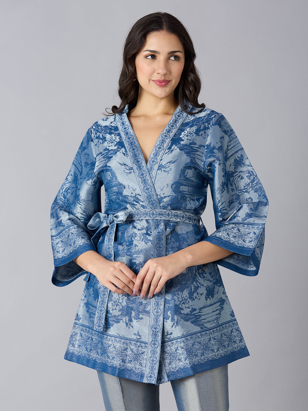 Denim Blue Floral Design Brocade Kimono Set