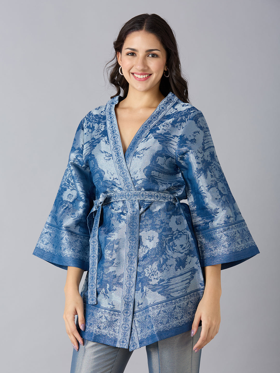 Denim Blue Floral Design Brocade Kimono Set