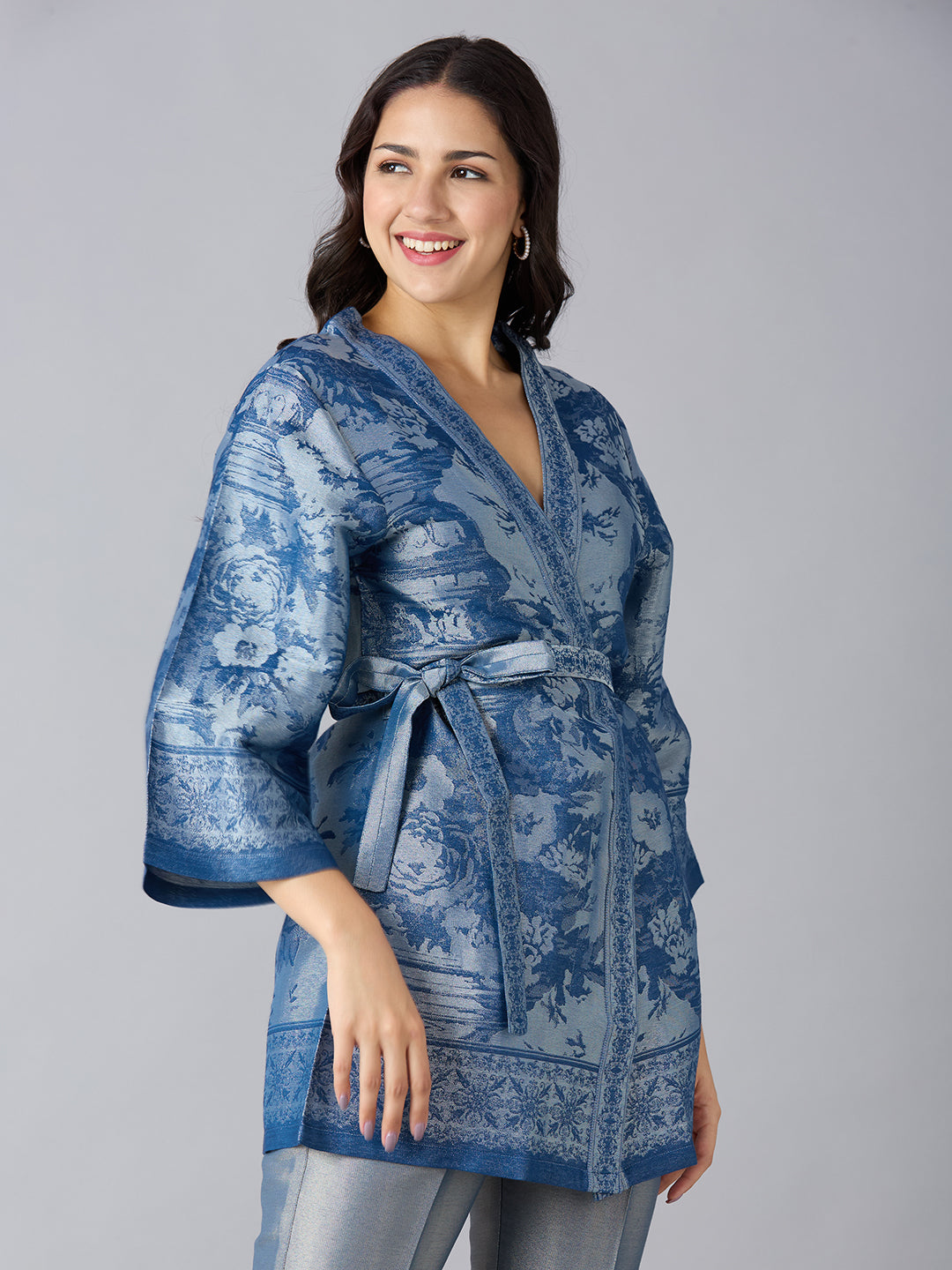 Denim Blue Floral Design Brocade Kimono Set