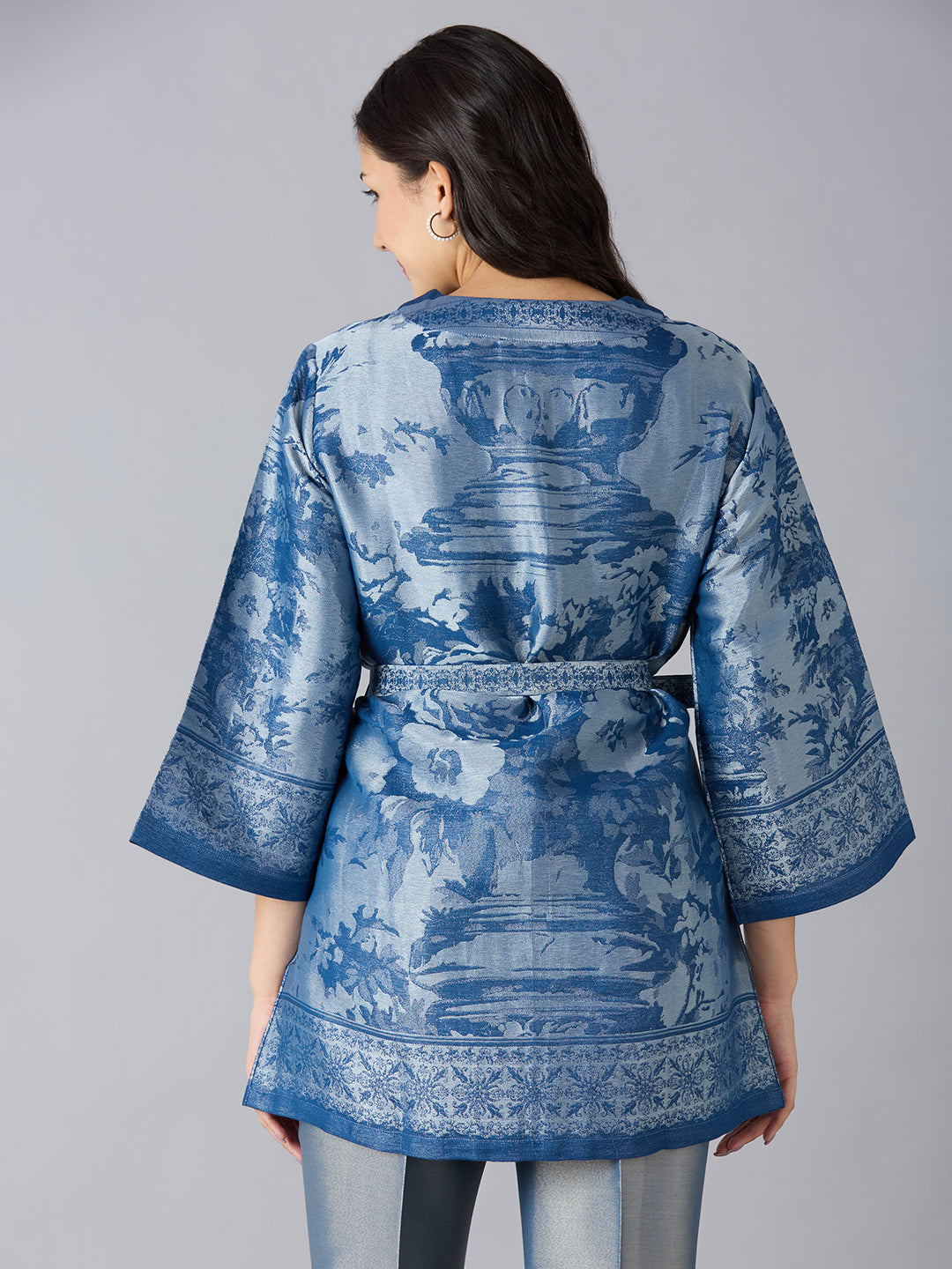 Denim Blue Floral Design Brocade Kimono Set