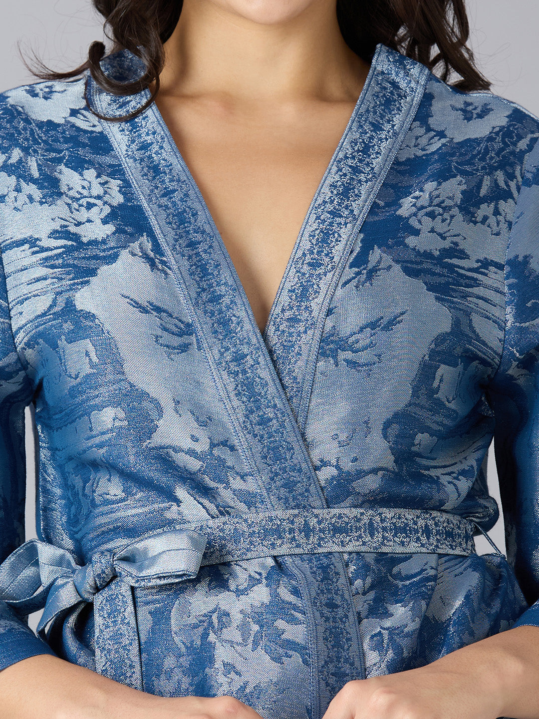 Denim Blue Floral Design Brocade Kimono Set
