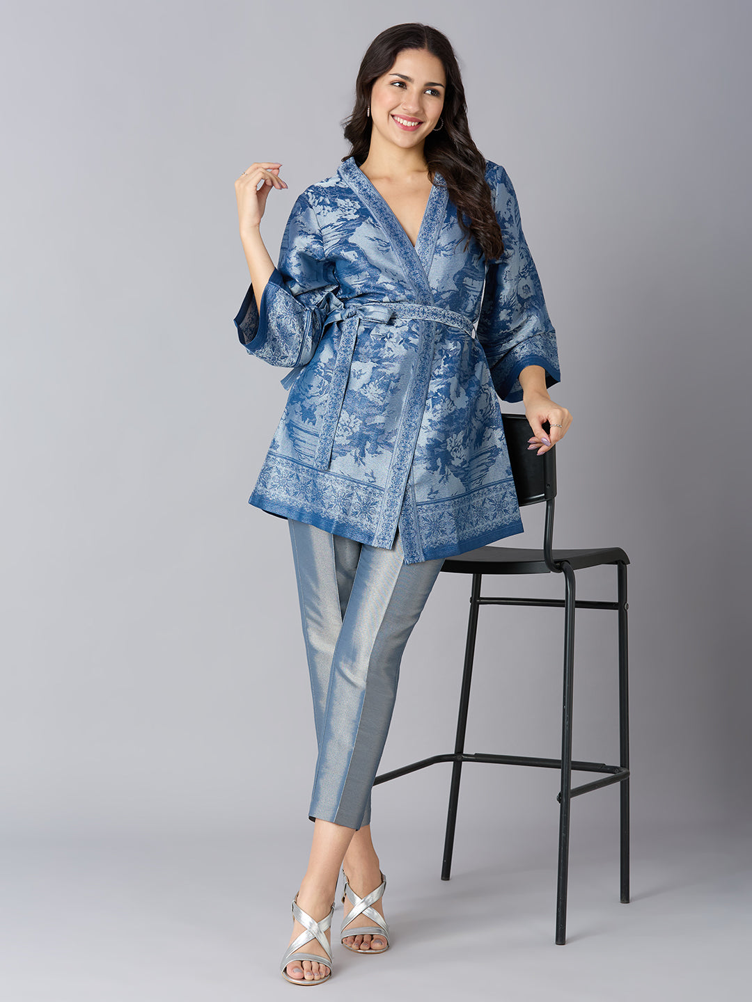 Brocade Floral Design Blue Kimono Set