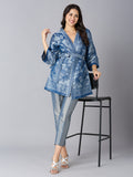 Denim Blue Floral Design Brocade Kimono Set