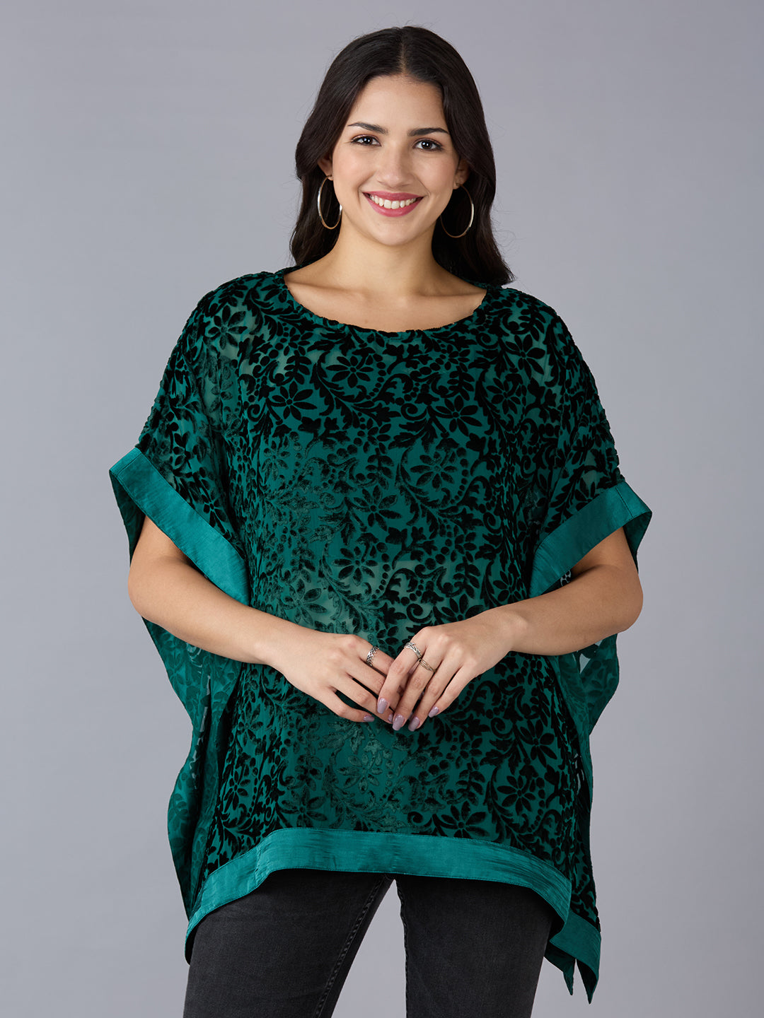 Velvet Floral Printed Green Kaftan Top