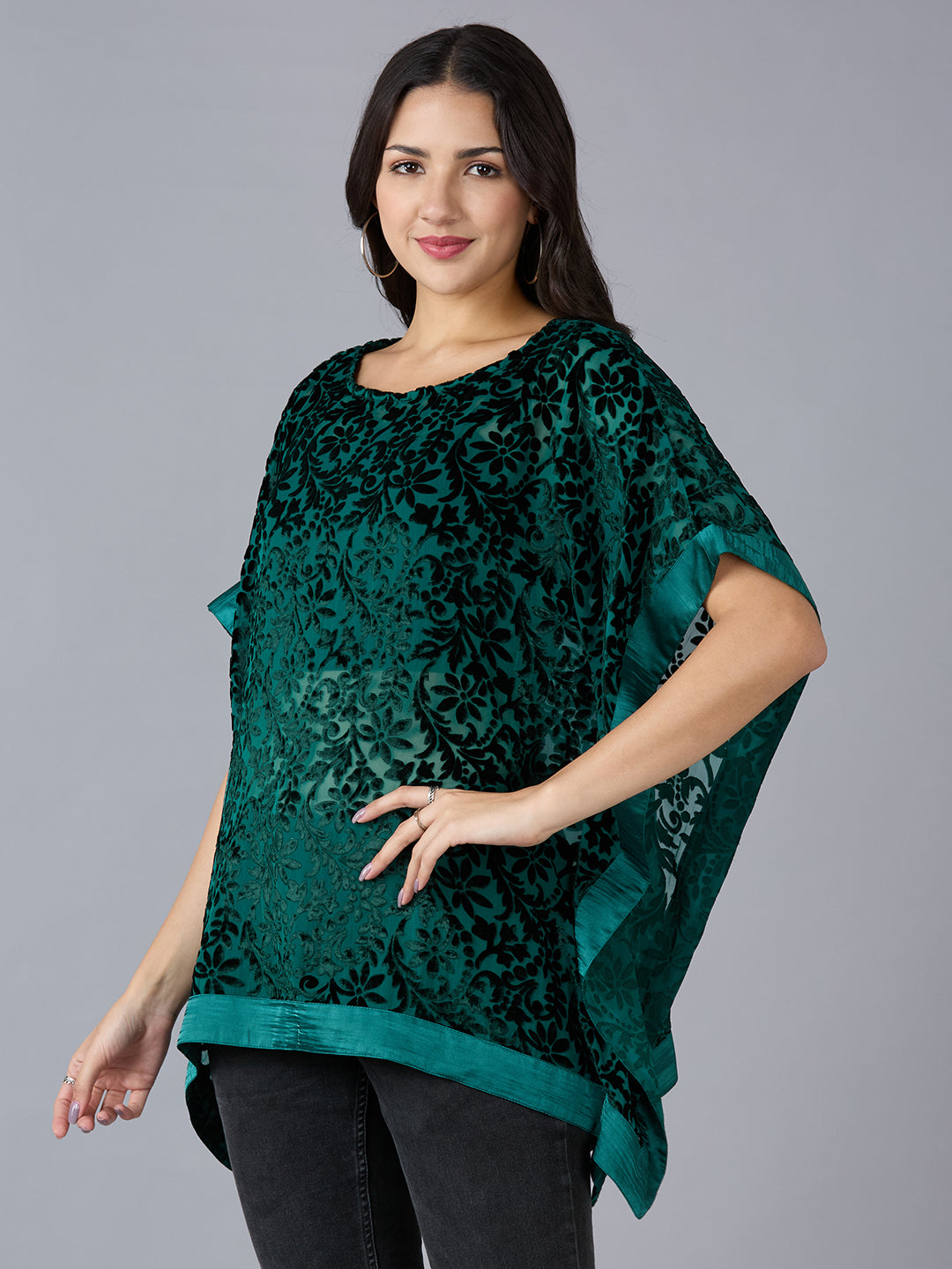Velvet Floral Printed Green Kaftan Top