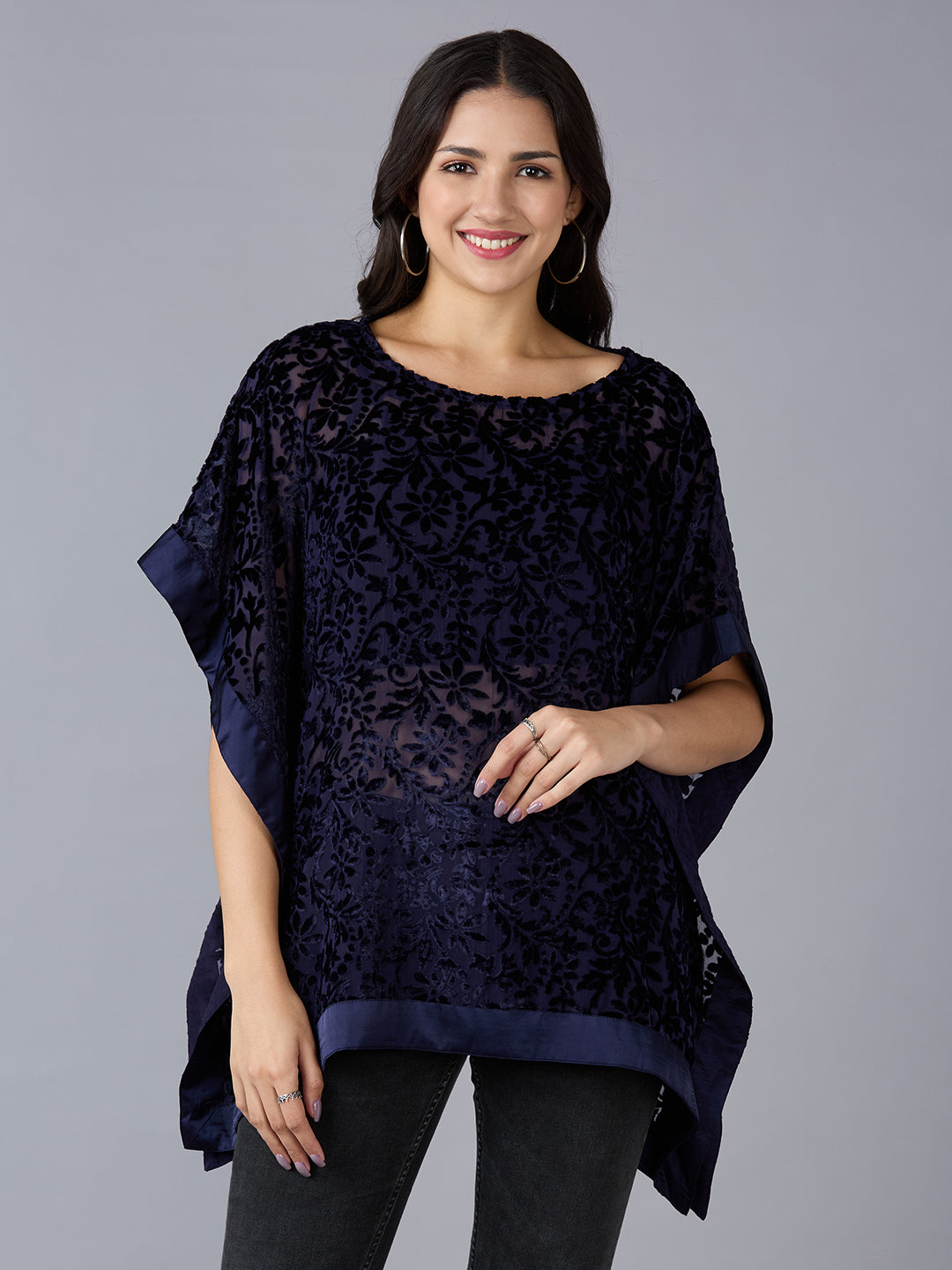 Velvet Floral Printed Navy Kaftan Top