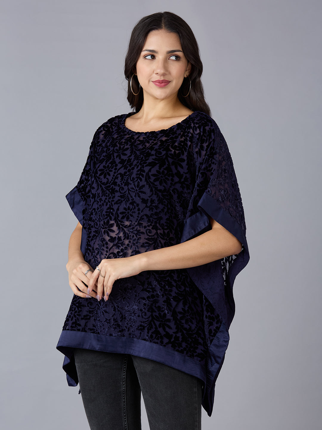 Velvet Floral Printed Navy Kaftan Top