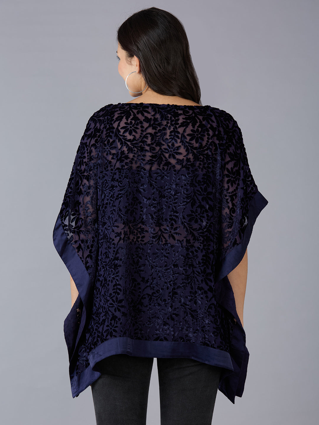 Navy Floral Printed Velvet Kaftan Top
