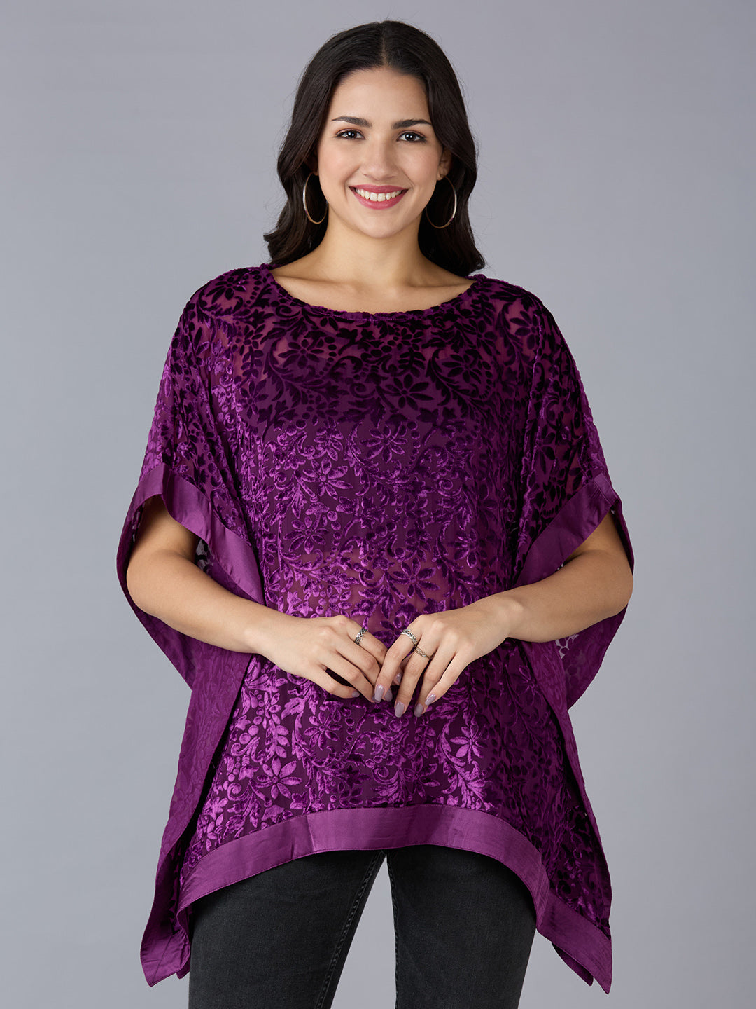Velvet Floral Printed Purple Kaftan Top