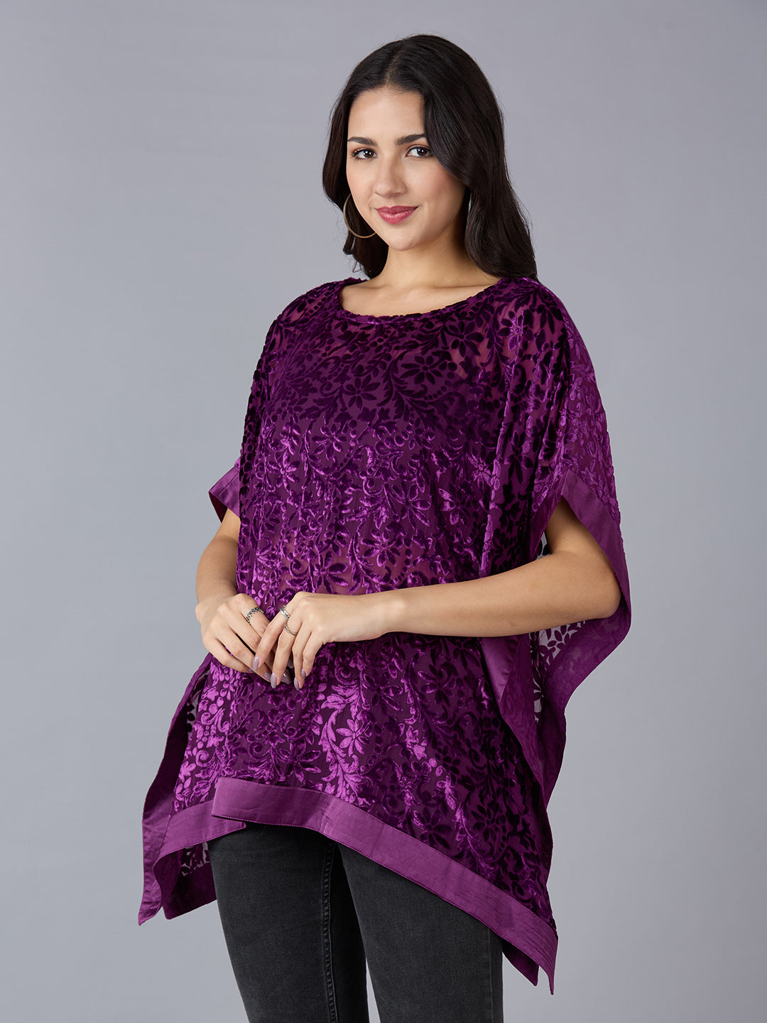 Velvet Floral Printed Purple Kaftan Top