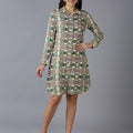 Geometric Floral Printed Green Dress