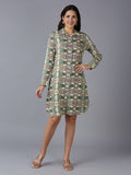Green Geometric Floral Printed Button Down Dress