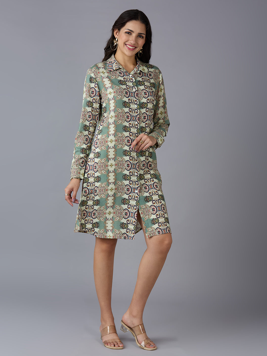 Geometric Floral Printed Green Dress