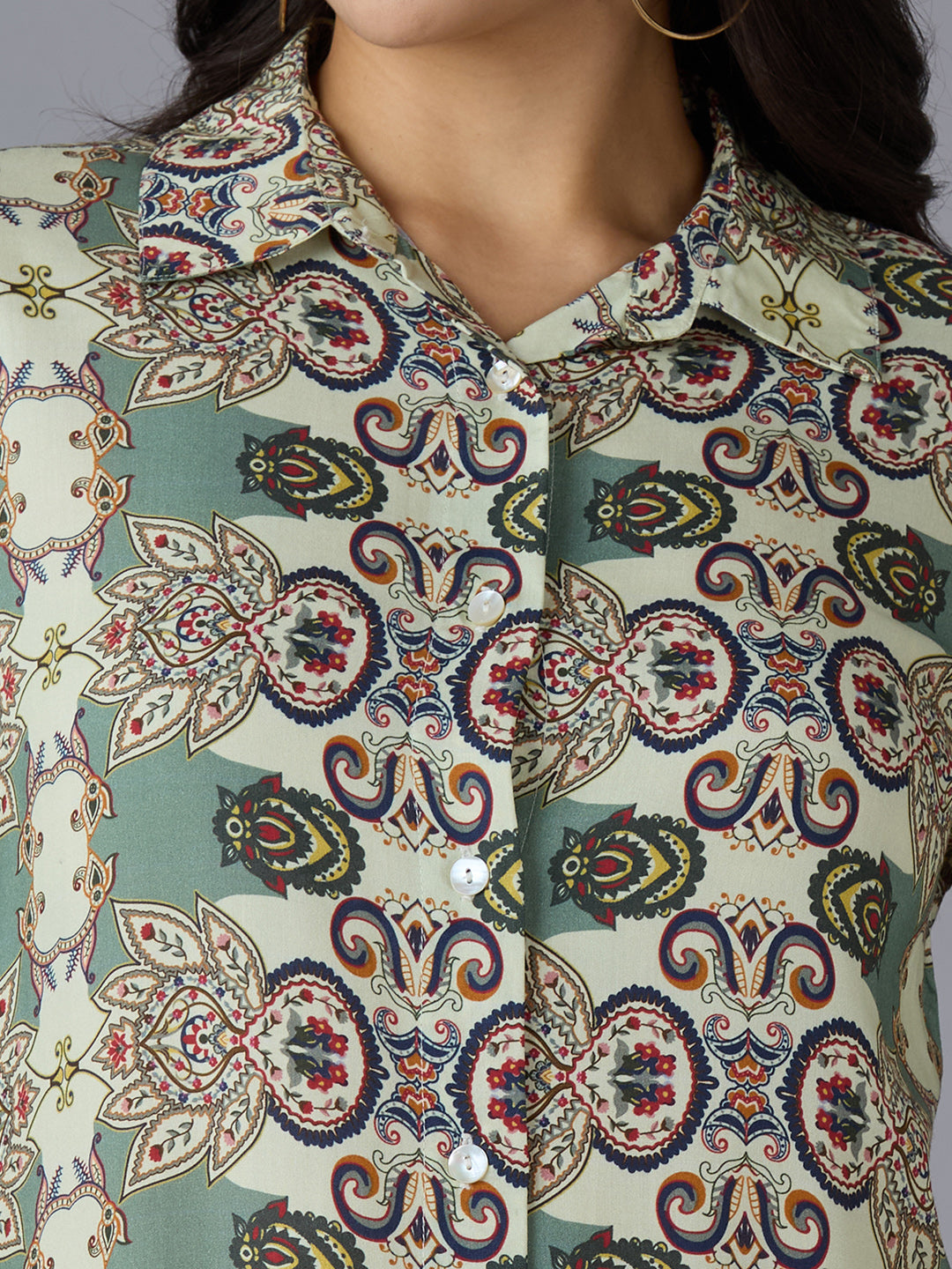 Green Geometric Floral Printed Button Down Dress