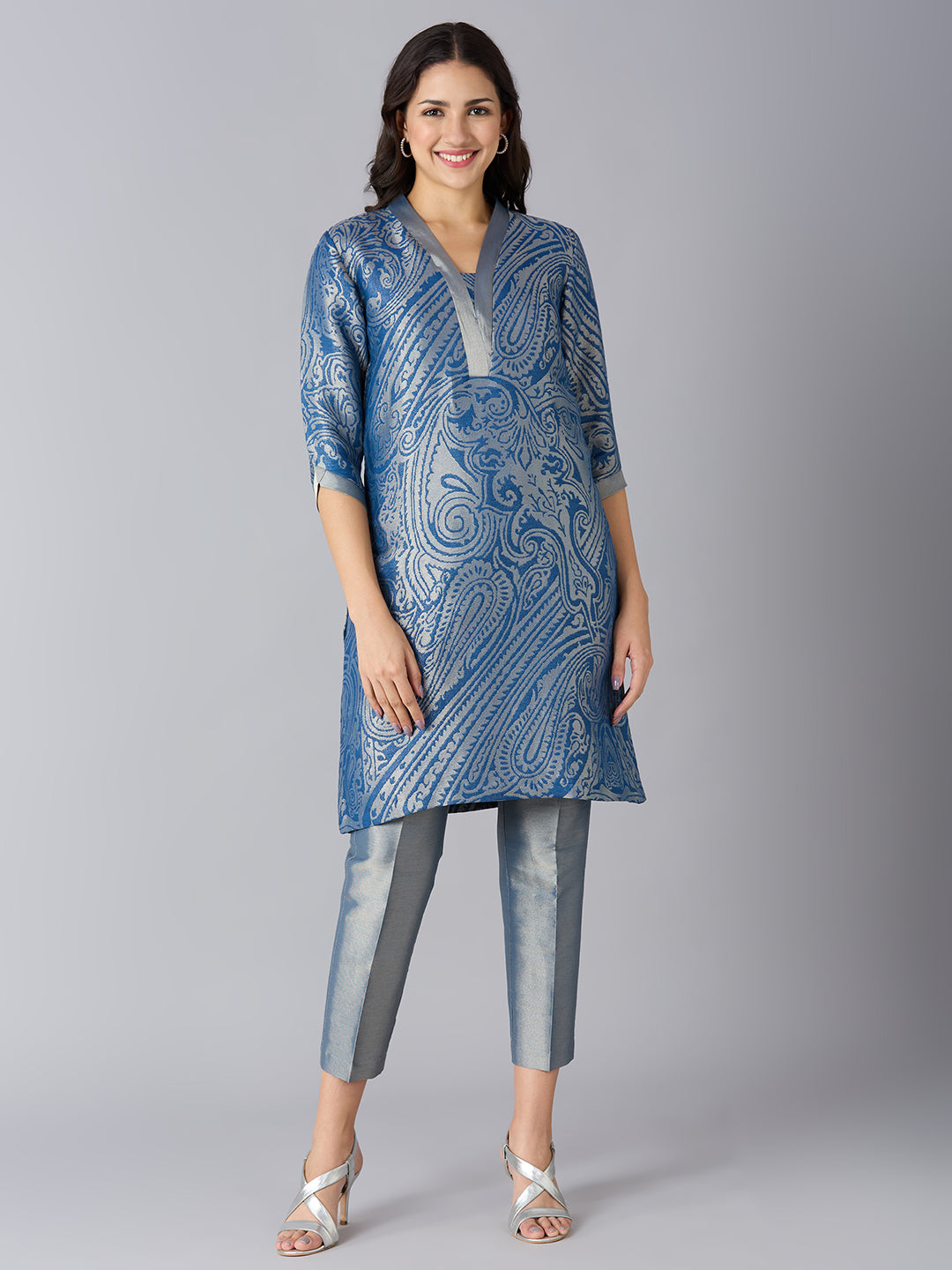 Blue Paisley Design Brocade Kurta Set