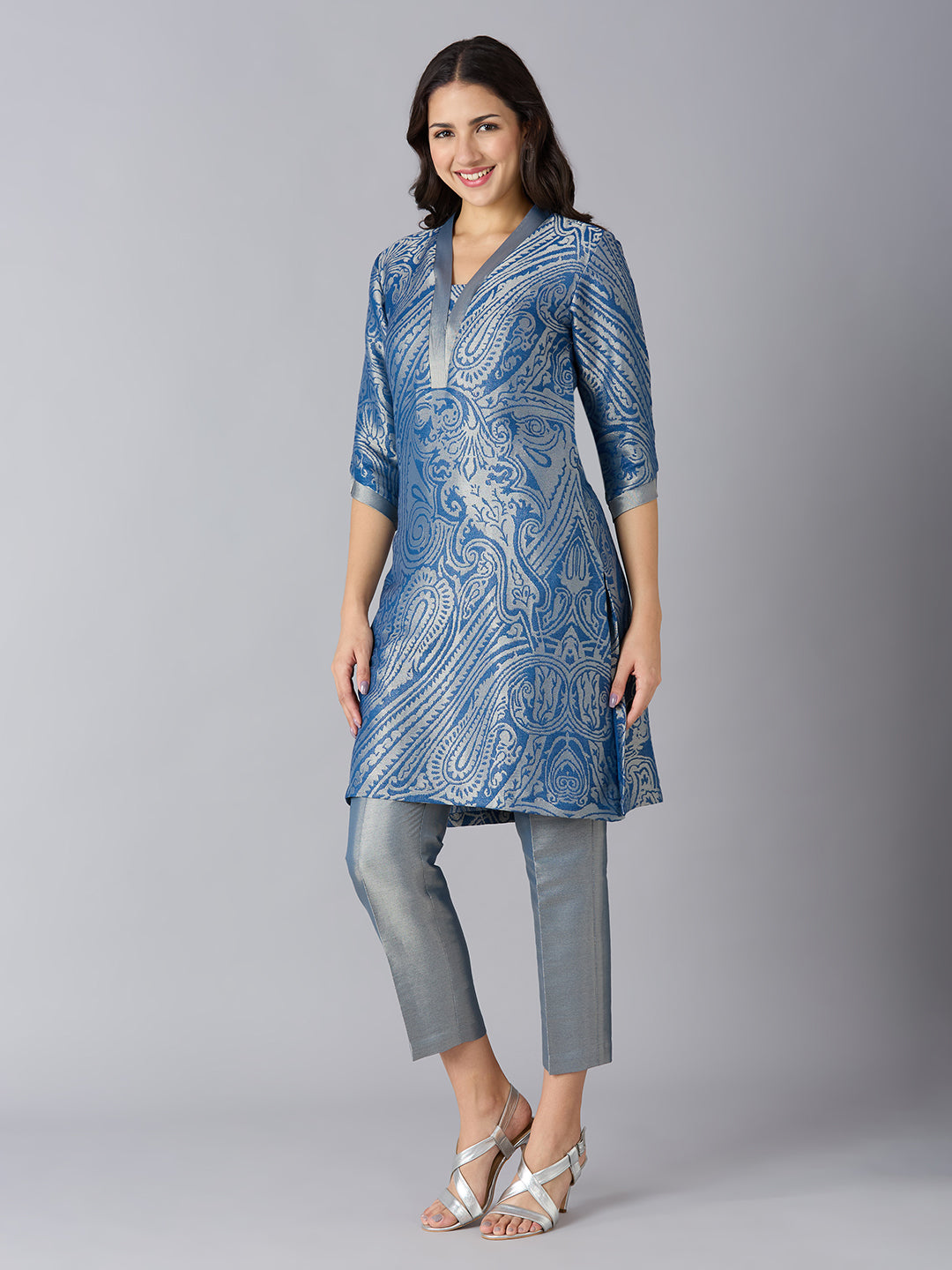 Blue Paisley Design Brocade Kurta Set