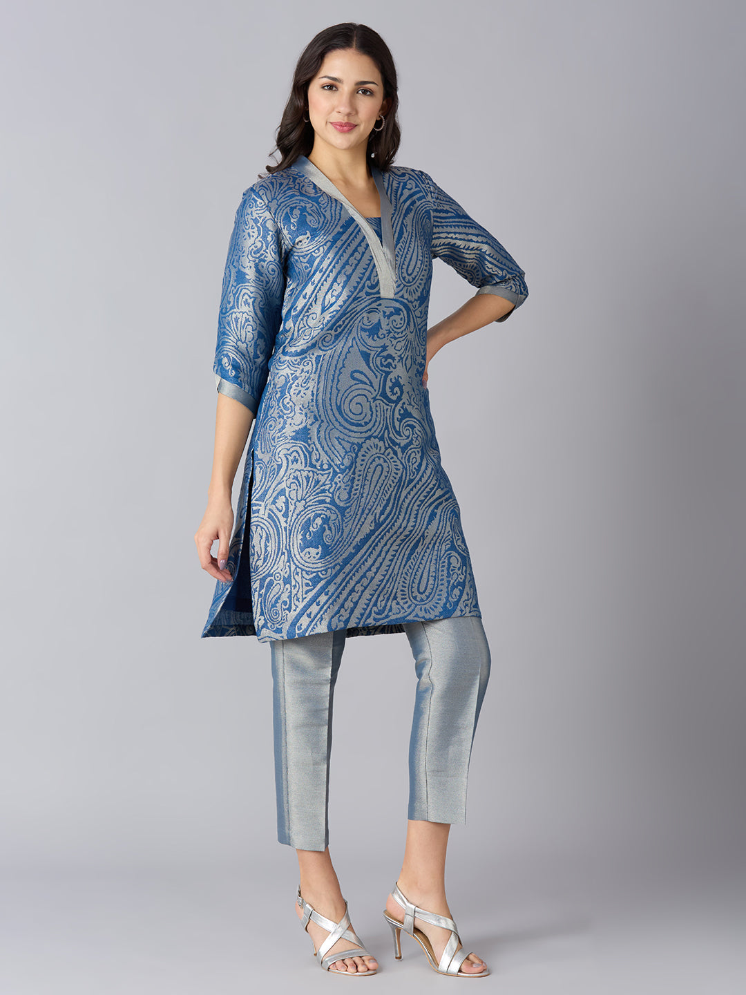 Brocade Paisley Design Blue Kurta Set