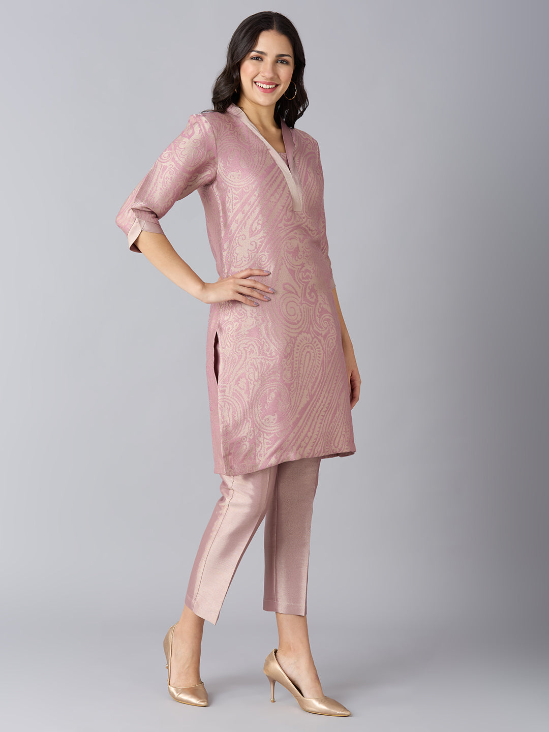 Teal Paisley Design Brocade Kurta Set