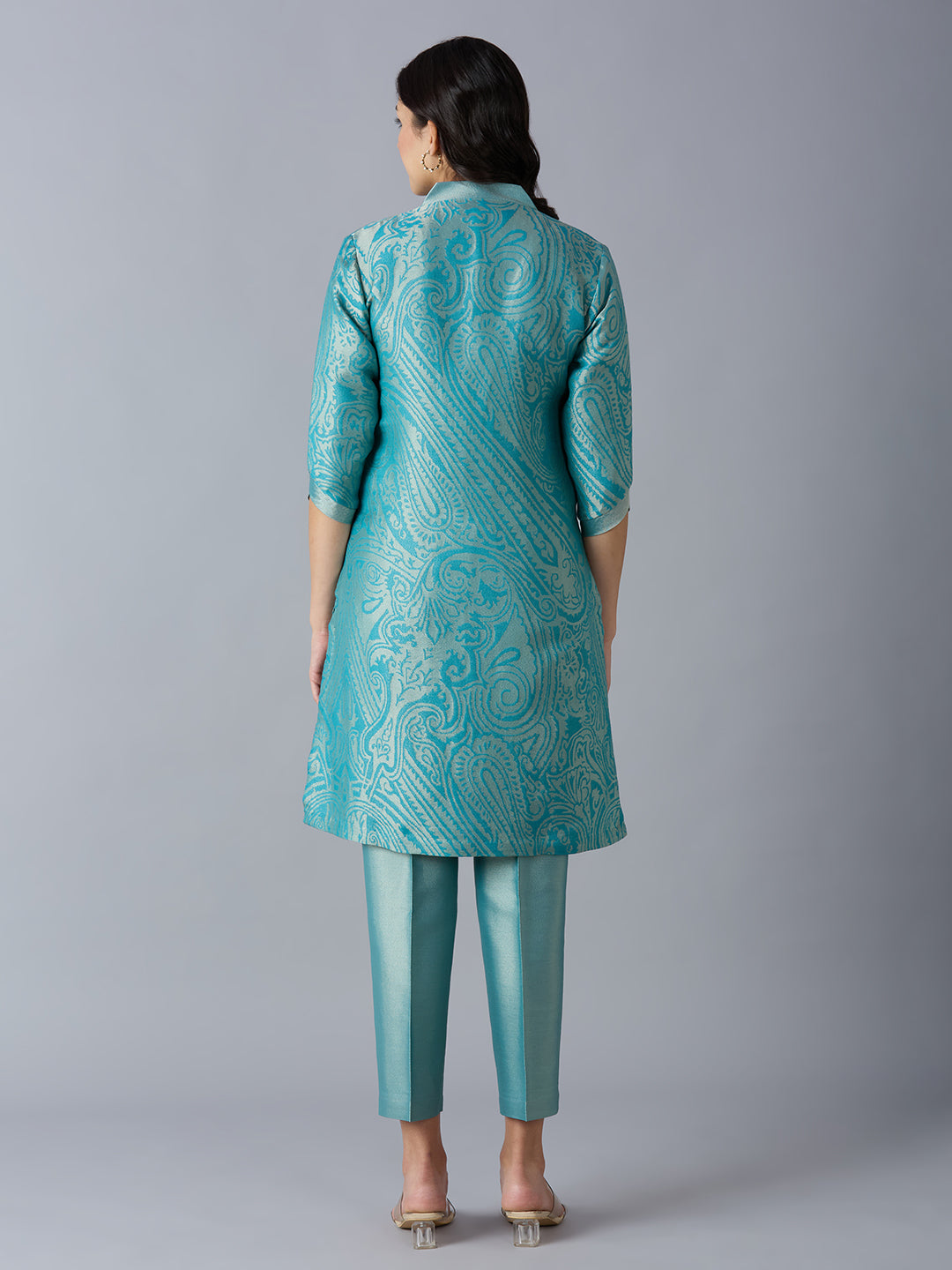 Teal Paisley Design Brocade Kurta Set
