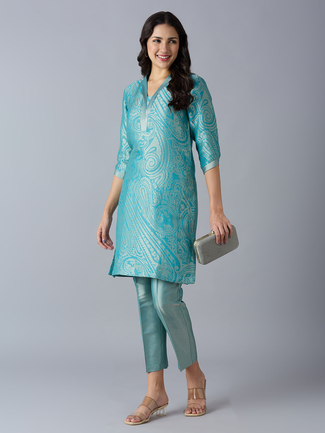Teal Paisley Design Brocade Kurta Set