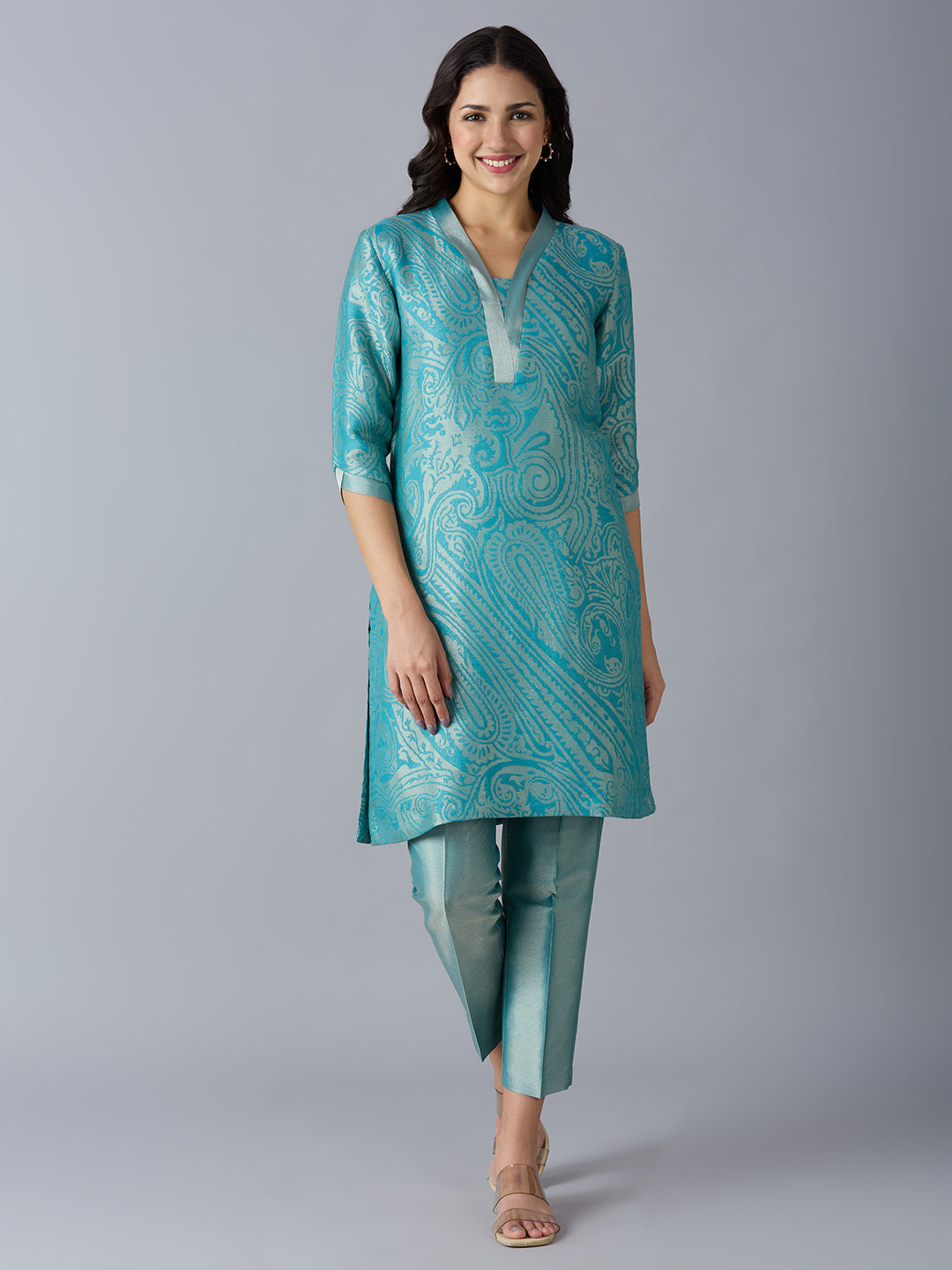 Blue Paisley Design Brocade Kurta Set