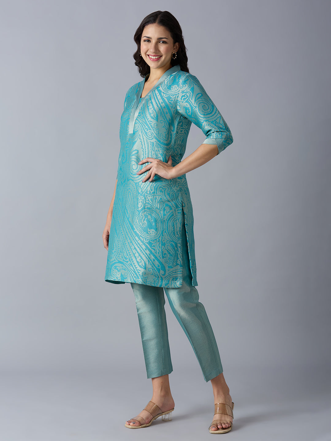 Blue Paisley Design Brocade Kurta Set