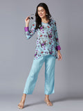 Sky Blue Pink Floral Printed Co-ord Set