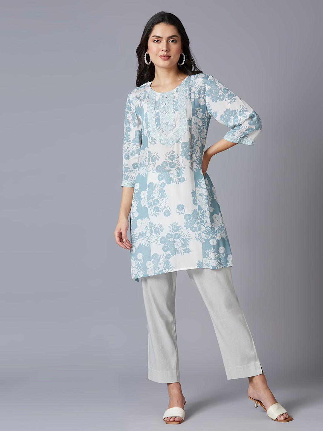 Viscose Floral Printed White Blue Kurta