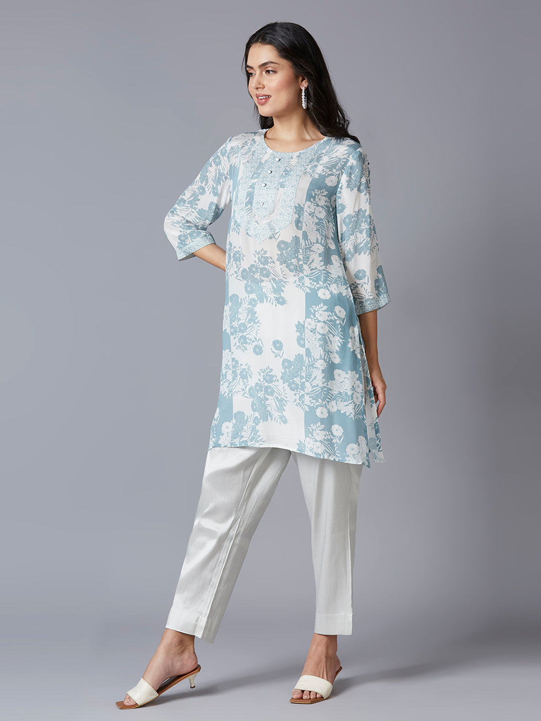 White Blue Floral Printed Viscose Kurti