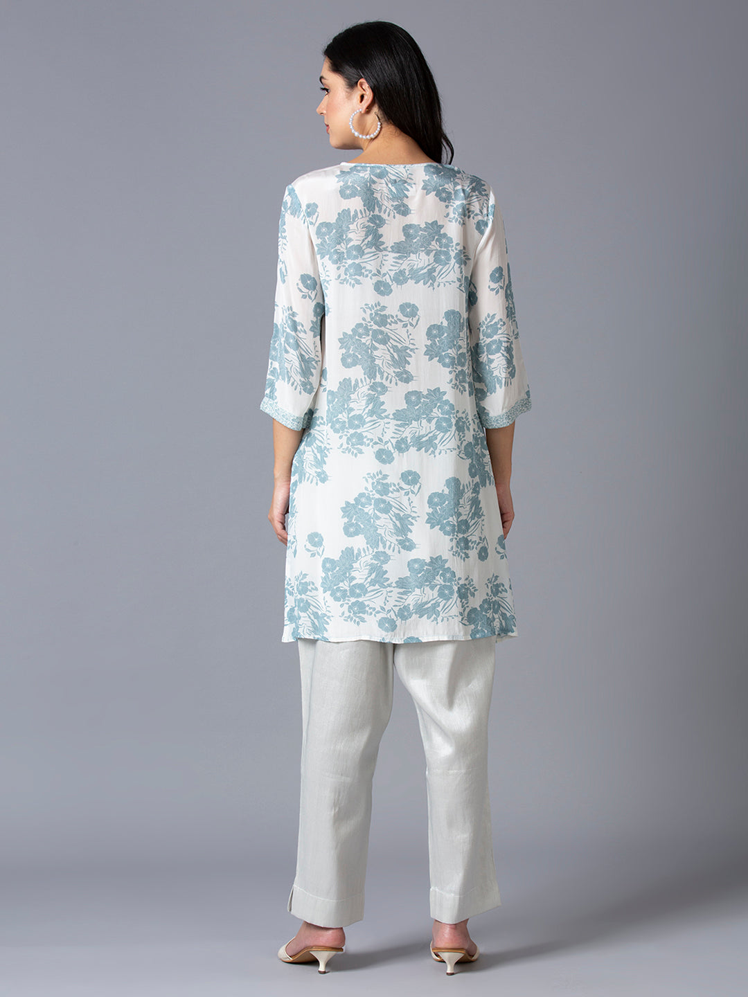 White Blue Floral Printed Viscose Kurti