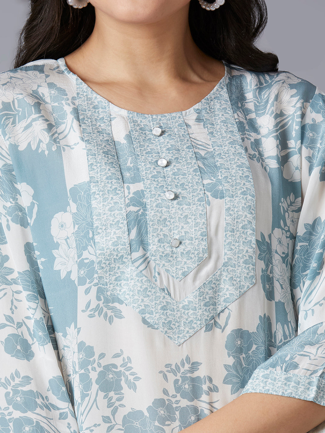 White Blue Floral Printed Viscose Kurti