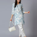 Viscose Floral Printed White Blue Kurta