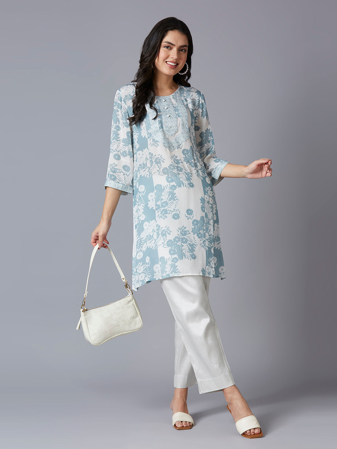 Viscose Floral Printed White Blue Kurta