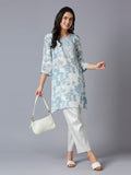 White Blue Floral Printed Viscose Kurta