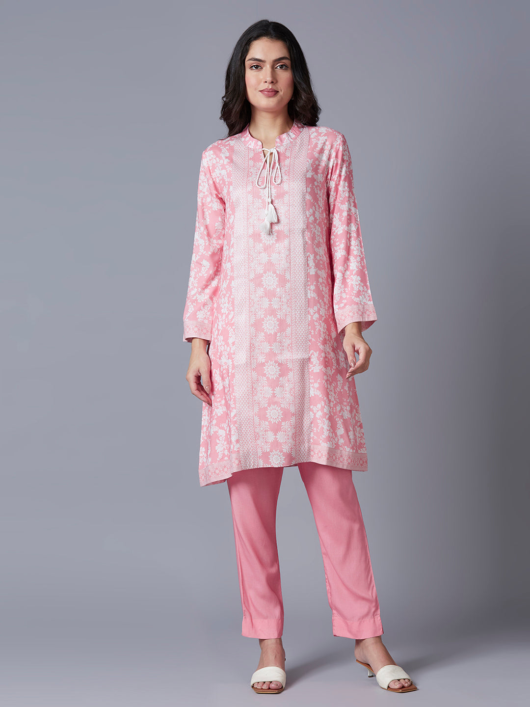 Pink Floral Printed Viscose front Tassel Kurti