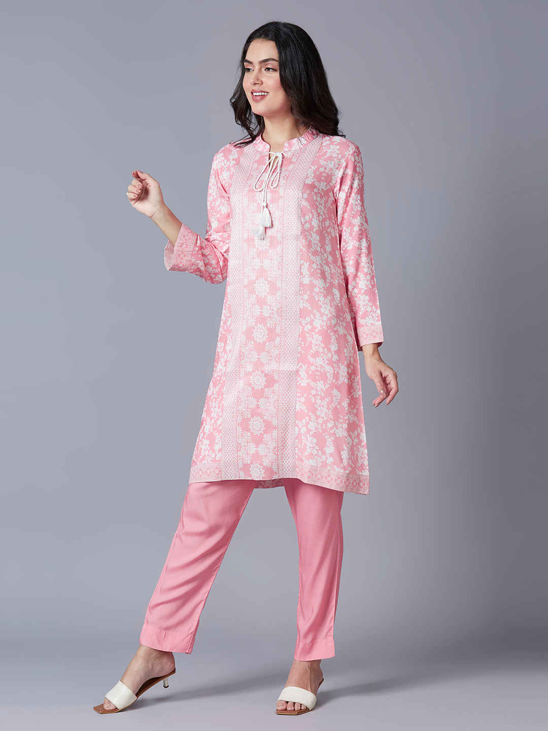 Pink Floral Printed Viscose front Tassel Kurti