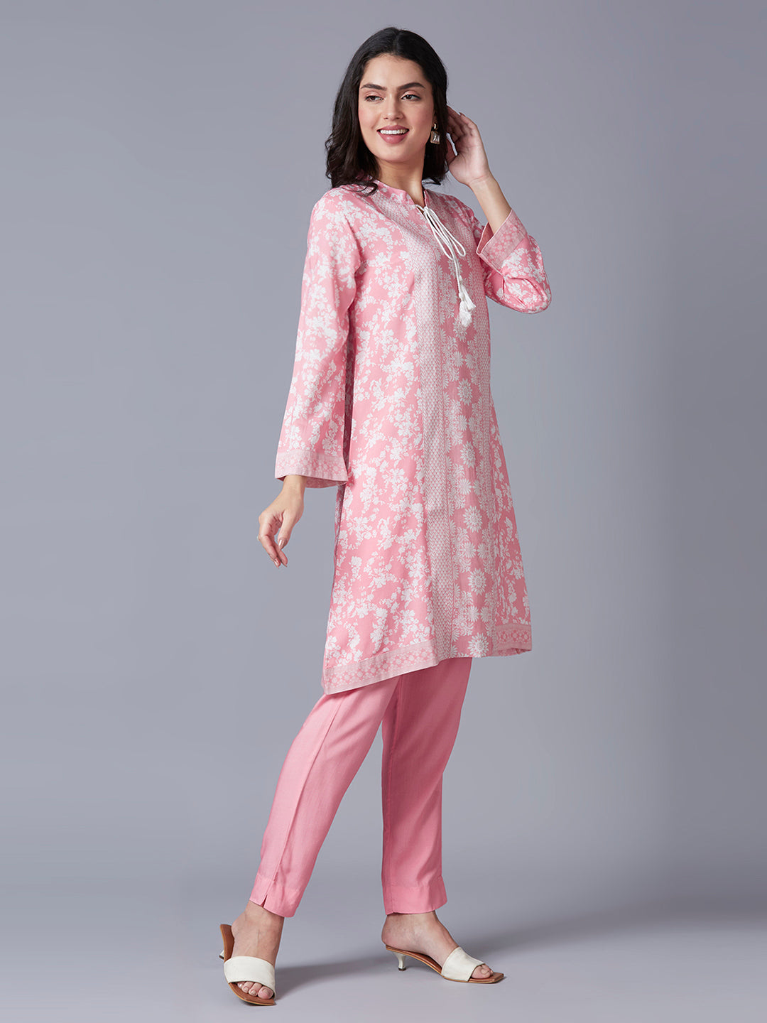 Pink Floral Printed Viscose front Tassel Kurti