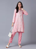 Pink Floral Printed Viscose front Tassel Kurta