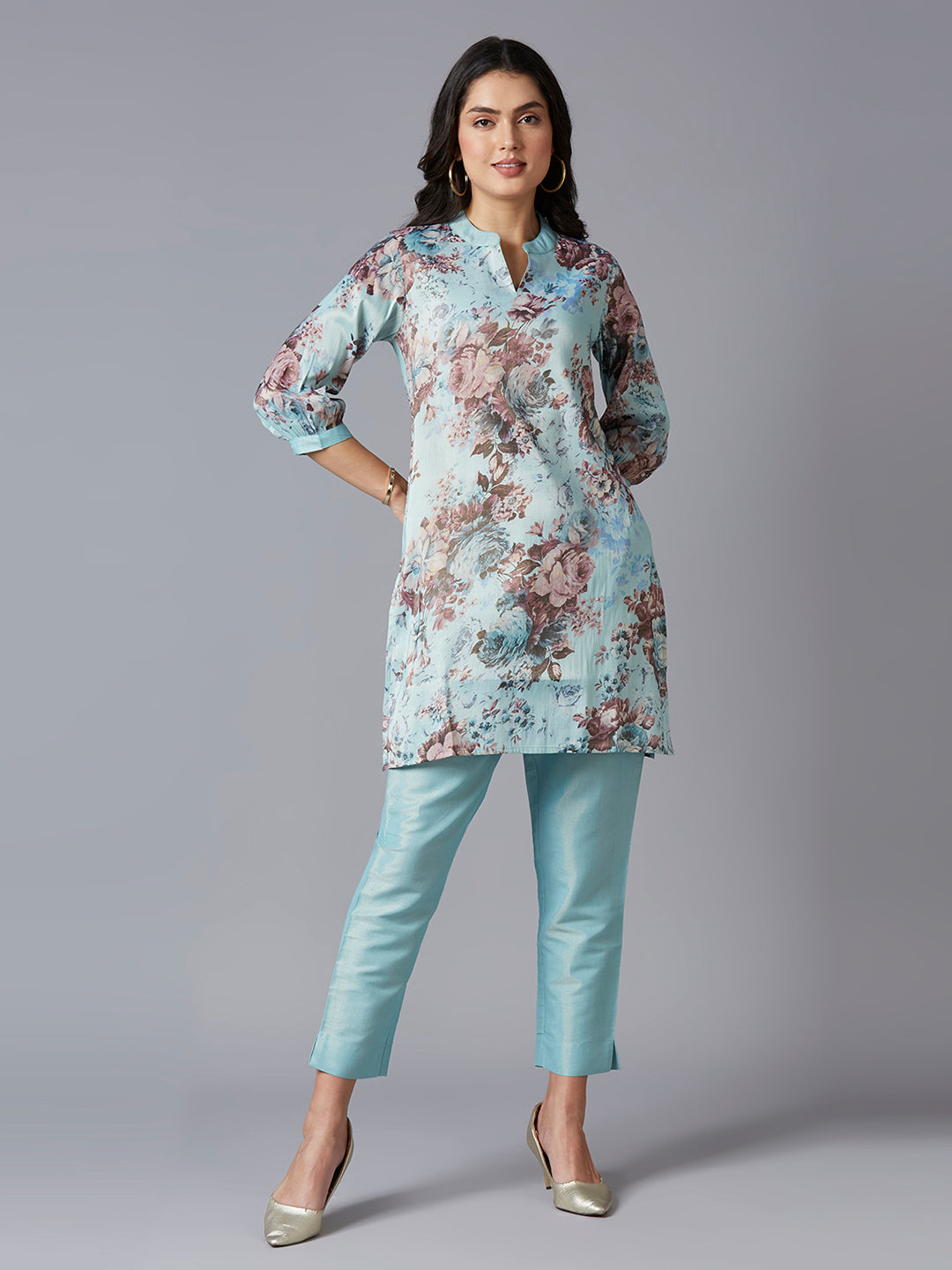 Aqua Floral Printed Kurti with Metallic Trims