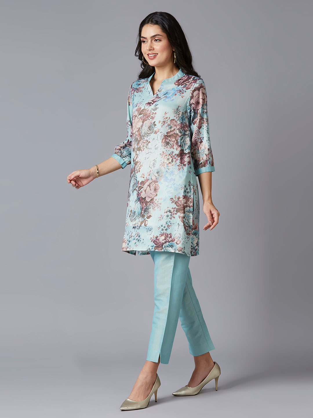 Aqua Floral Printed Kurta with Metallic Trims