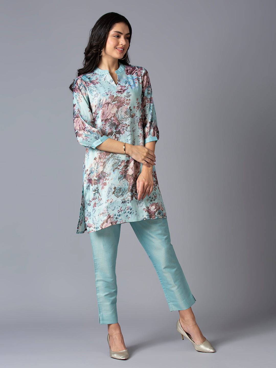 Aqua Floral Printed Kurta with Metallic Trims