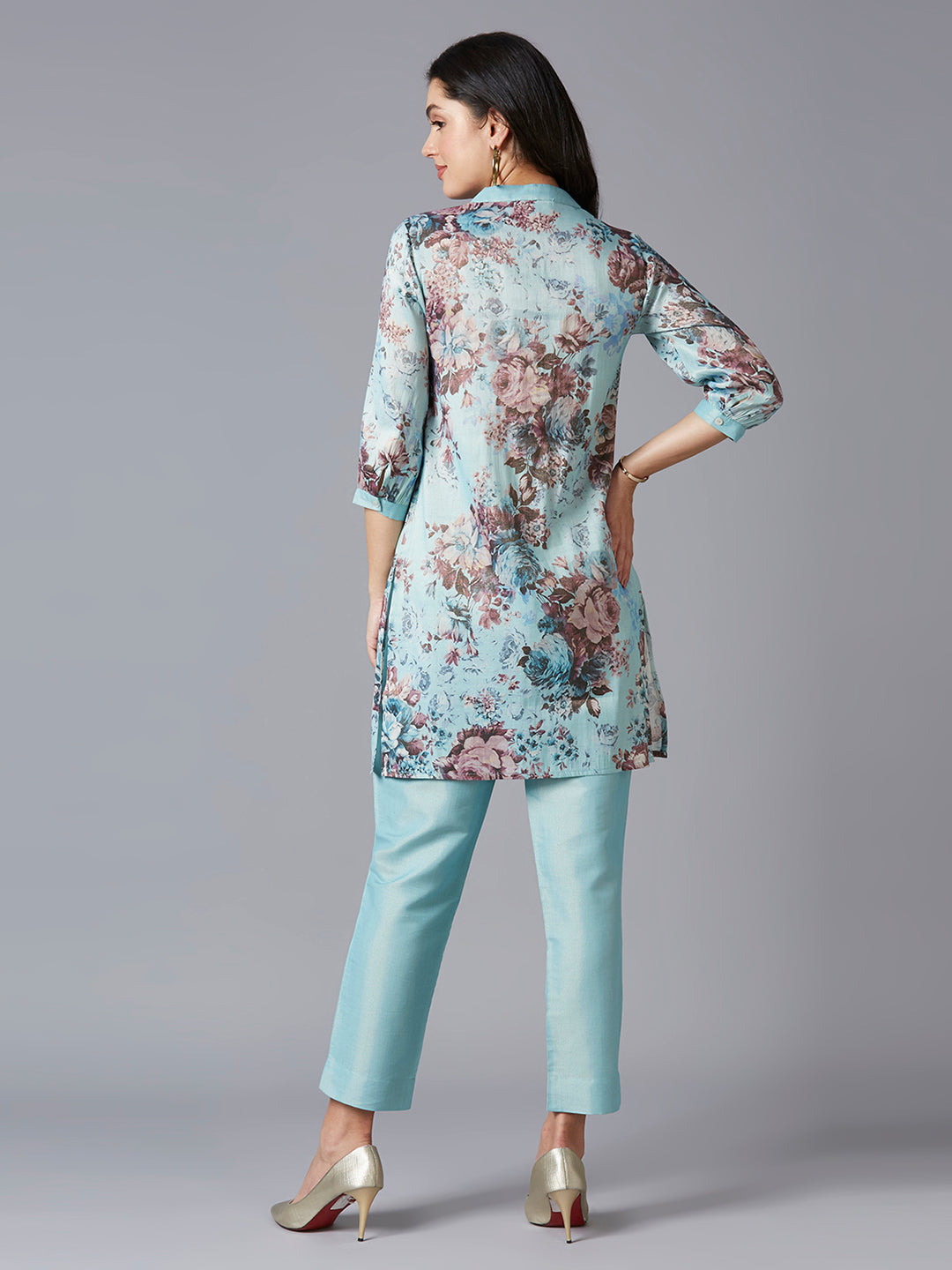 Aqua Floral Printed Kurti with Metallic Trims